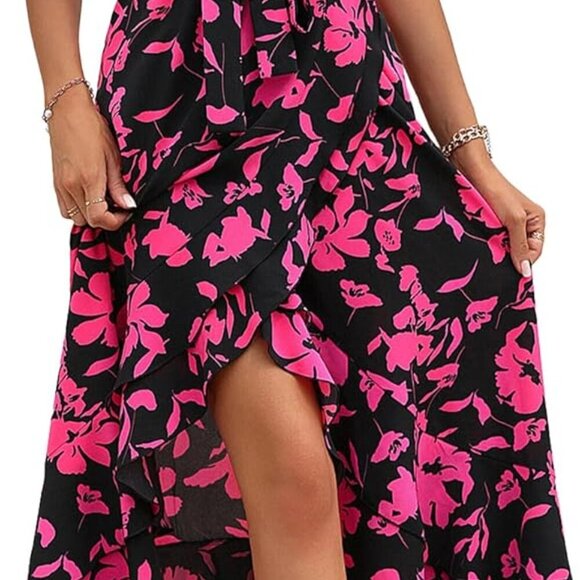 Womens Maxi Dress Summer Boho Floral V Neck Belted Ruffle High Low Casual - Picture 1 of 6